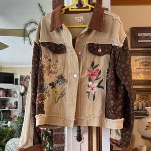 POL Beige and Brown Floral Embroidered Jean Jacket